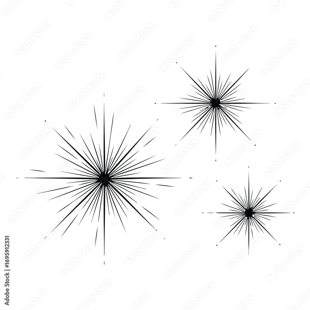 Fototapeta premium Art of a graphic design featuring three abstract starbursts with sharp, radiating lines on a plain white background