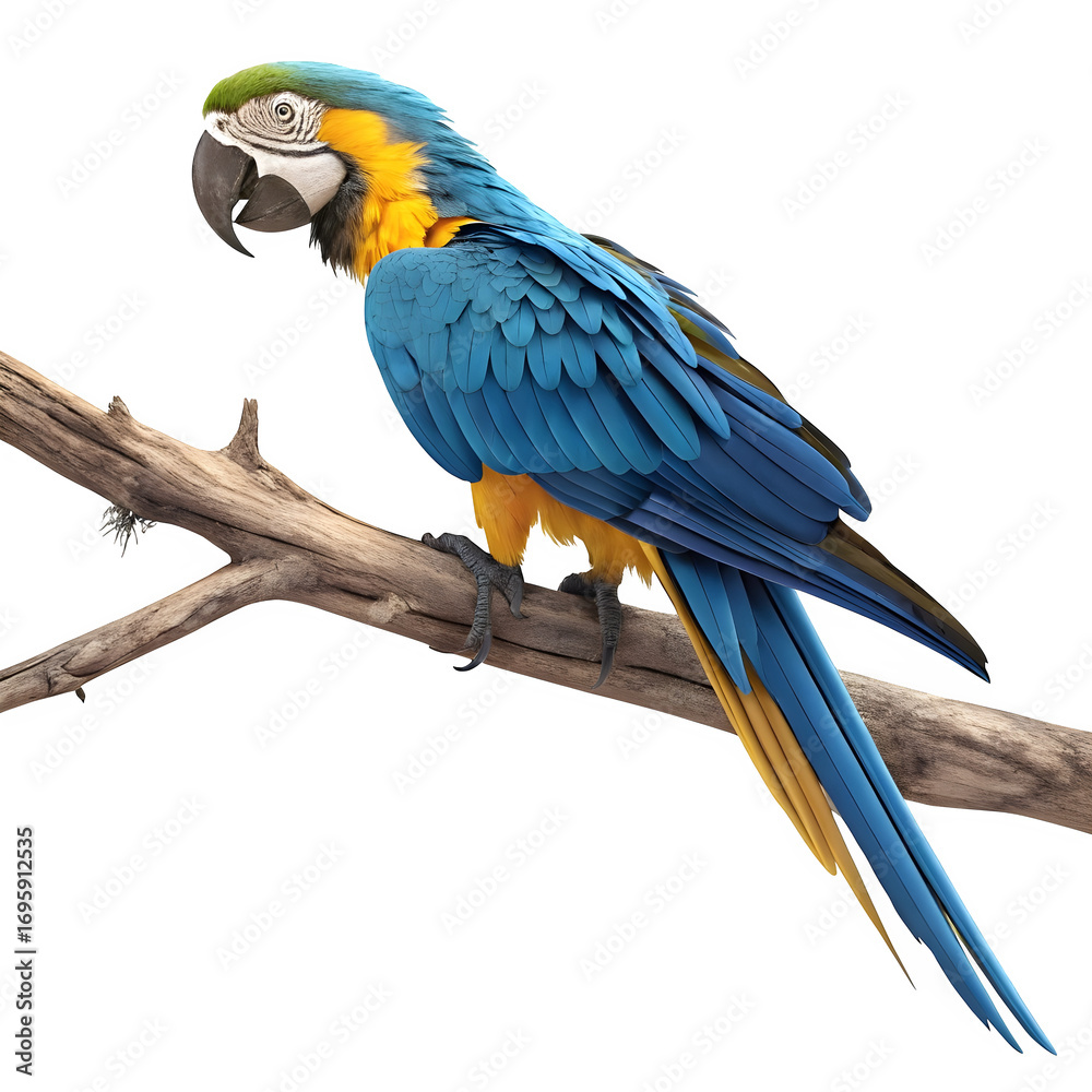 Obraz premium Blue and gold macaw perched on a branch isolated on transparent background
