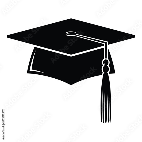 Art of black graduation cap with a tassel, symbolizing academic achievement and education, isolated on white background