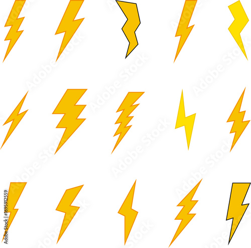 Lightning Yellow Icon Symbol. Thunderbolt shock icon collection. Yellow lightning burst, shouting. Energetic electric flashes for  power, speed, danger or action effects. Isolated vector icons set.