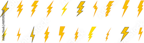 Lightning Yellow Icon Symbol. Thunderbolt shock icon collection. Yellow lightning burst, shouting. Energetic electric flashes for  power, speed, danger or action effects. Isolated vector icons set.