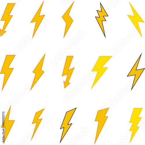 Lightning Yellow Icon Symbol. Thunderbolt shock icon collection. Yellow lightning burst, shouting. Energetic electric flashes for  power, speed, danger or action effects. Isolated vector icons set.