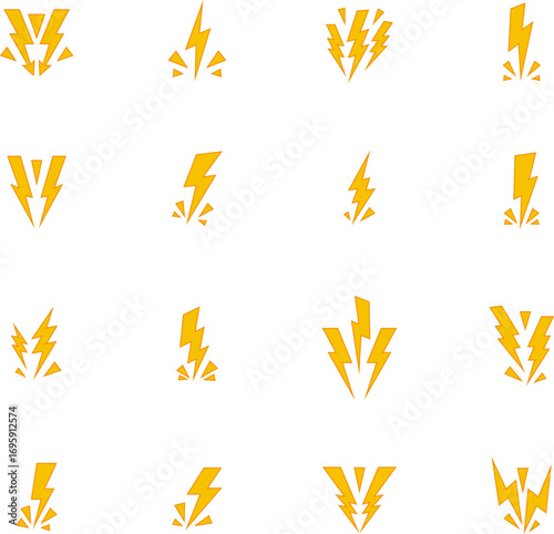 Lightning Yellow Icon Symbol. Thunderbolt shock icon collection. Yellow lightning burst, shouting. Energetic electric flashes for  power, speed, danger or action effects. Isolated vector icons set.
