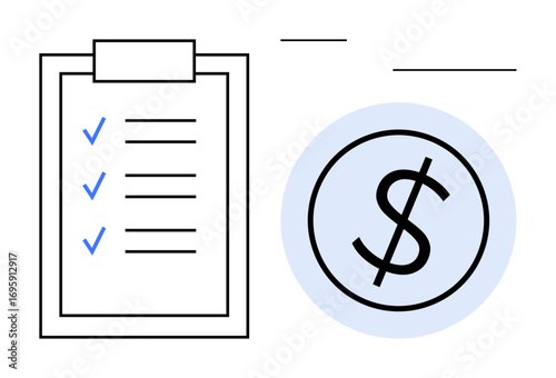 Checklist with blue checks next to a large dollar sign circle, suggesting organization and monetary goals. Ideal for finance, budgeting, planning, savings, goals, investments, simple flat metaphor