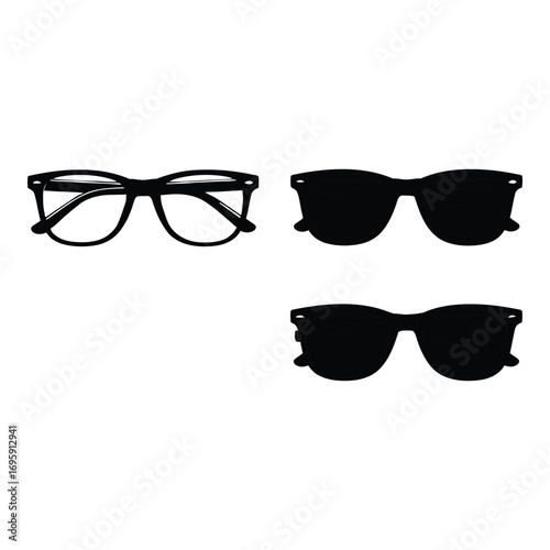 Art of collection of three pairs of black framed glasses one clear lens and two dark sunglasses, isolated on white background