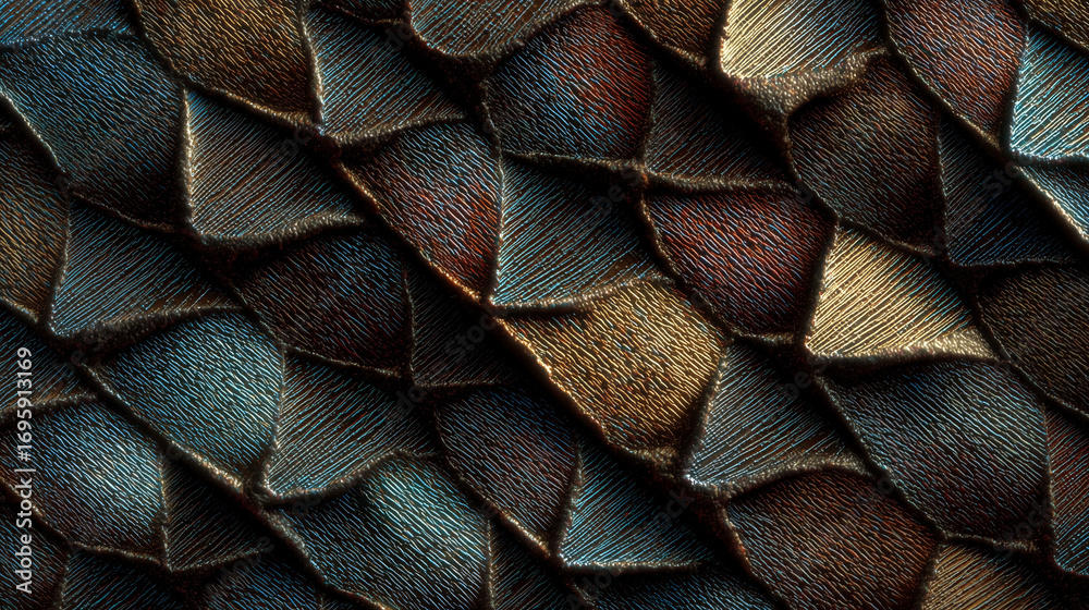 Fototapeta premium An ultra-macro abstract background of a luxurious, textured material with intricate, scale-like patterns in blue and bronze.