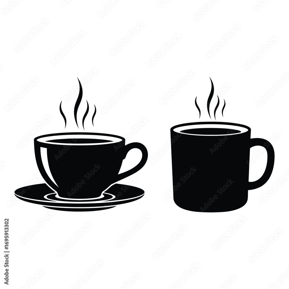 Obraz premium Art of two steaming cups of hot coffee, one in a mug and one in a teacup with saucer, isolated on white background