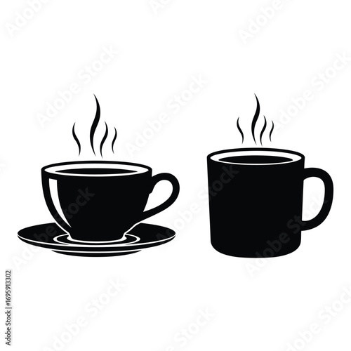 Art of two steaming cups of hot coffee, one in a mug and one in a teacup with saucer, isolated on white background