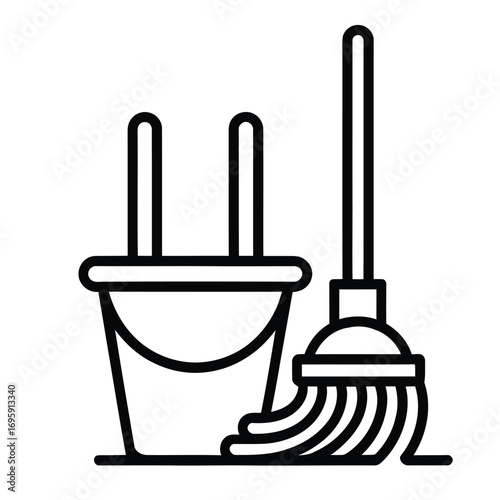Cleaning mop and bucket line icon for hygiene and housekeeping concept