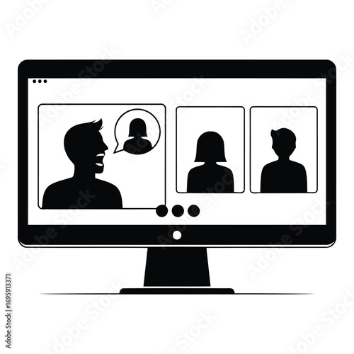 Art of computer screen showing an online conference call with three participants, isolated on white background