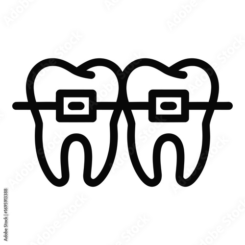 Illustration of teeth with braces for orthodontic treatment and dental alignment process use case silhouette