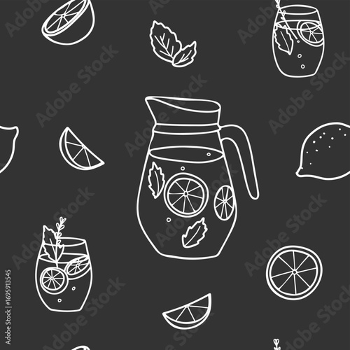 Lemonade seamless graphic pattern in minimalistic style. White line art on a black background. Hand drawn Doodle illustration of Lemonade Jug and Glasses, Lemon slices and mint. For paper, menu