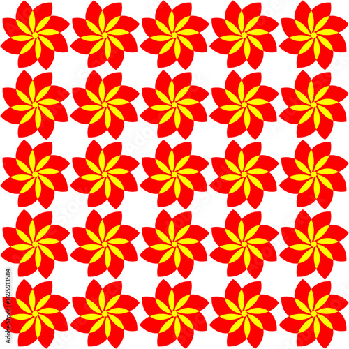 Golden-yellow centers glow warmly, encircled by vivid red petals. Rows of radiant flowers bloom symmetrically, weaving balance, rhythm, and endless beauty through vibrant repetition.