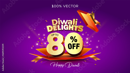 Happy Diwali, Sale, offer, deals presentation concept with 80% off Diwali Delights 3d Logo and open gift box on festive background.