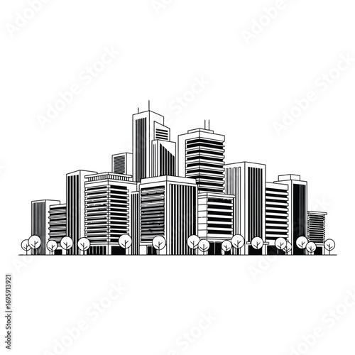 Art of modern cityscape with numerous skyscrapers and trees, isolated on white background