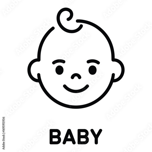 Simple baby face illustration with curly hair and a smile in black and white color scheme silhouette