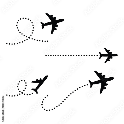 Art of set of four airplane icons with dotted flight paths, isolated on a white background