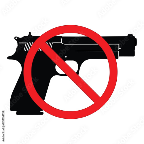 Art of no guns allowed sign with a pistol inside a red circle and a diagonal line isolated on white background