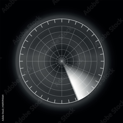 Navy or air sonar, digital radar gray linear display searching, vector scanning detection interface on black background