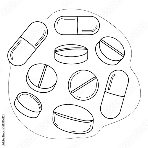 Art of a collection of various pills and capsules, including round tablets and elongated capsules, presented as a simple line drawing