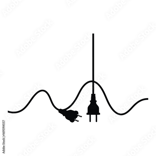 Art of two black electrical plugs and cords hanging and connected on a white background, representing power and connection