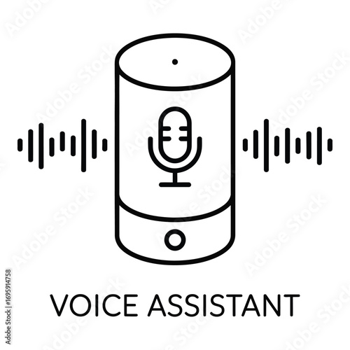 Voice assistant device with sound waves emanating representing smart home technology and automation use cases silhouette
