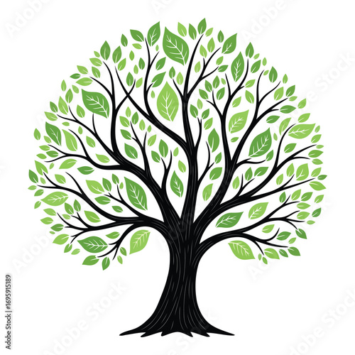 Art of a vibrant green tree with lush foliage and branches, isolated on white background