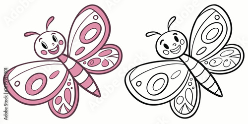 Pink and black line art butterfly with color version