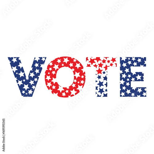 Art of the word vote in bold letters, filled with a pattern of red and blue stars and stripes, symbolizing american democracy and elections