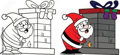 Cartoon Santa Claus by a fireplace with stockings and gift