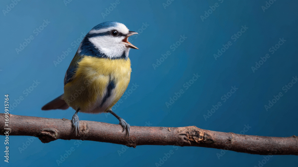 Fototapeta premium Blue Tit Singing on Branch