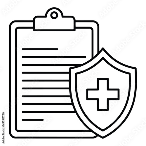 Art of health insurance protection shield with medical document clipboard isolated on white background