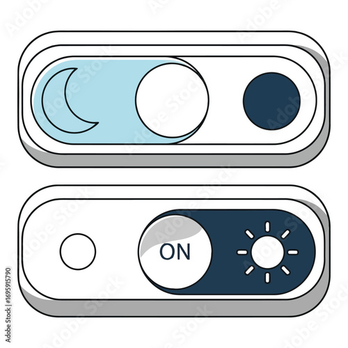 Art of day and night mode toggle switch buttons for user interface control, isolated on white background