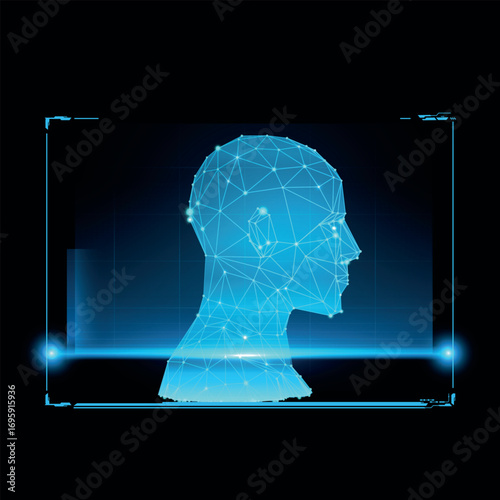 Biometric technology digital face scanning, facial recognition system, vector blue polygonal wireframe blue side view