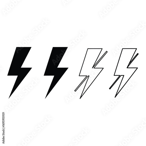 Art of set of four lightning bolt symbols, two solid black and two outlined, isolated on white background