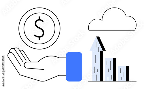 Open hand holding currency coin, upward chart, and cloud symbolizing digital finance, investment growth, technology integration. Ideal for banking, savings, fintech, business success minimal