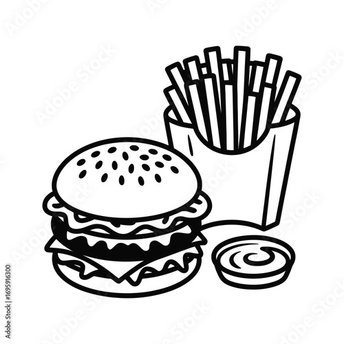 Simple outline drawing of a double cheeseburger with french fries and dipping sauce