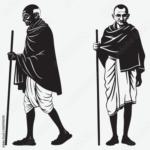 Mahatma Gandhi profile and frontal view with walking stick Gandhi Ji gandhi jayanti