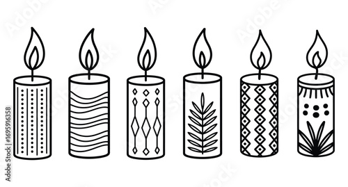 Six decorative hand drawn candles with unique patterns and lit flames in black and white