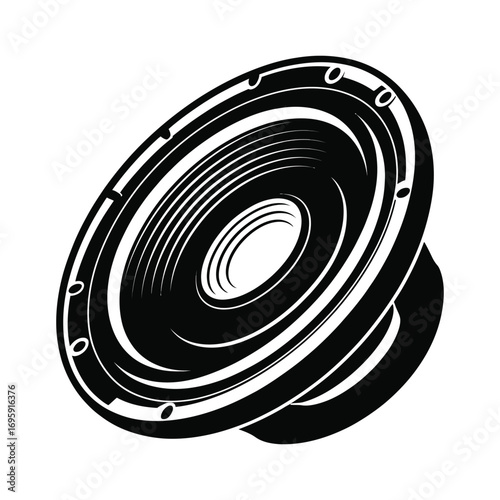 Abstract black and white illustration of a speaker cone and frame