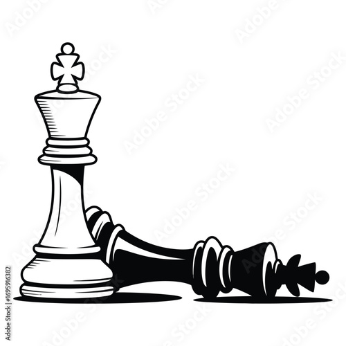 One standing white chess king towering over a fallen black chess king symbolizing victory and defeat