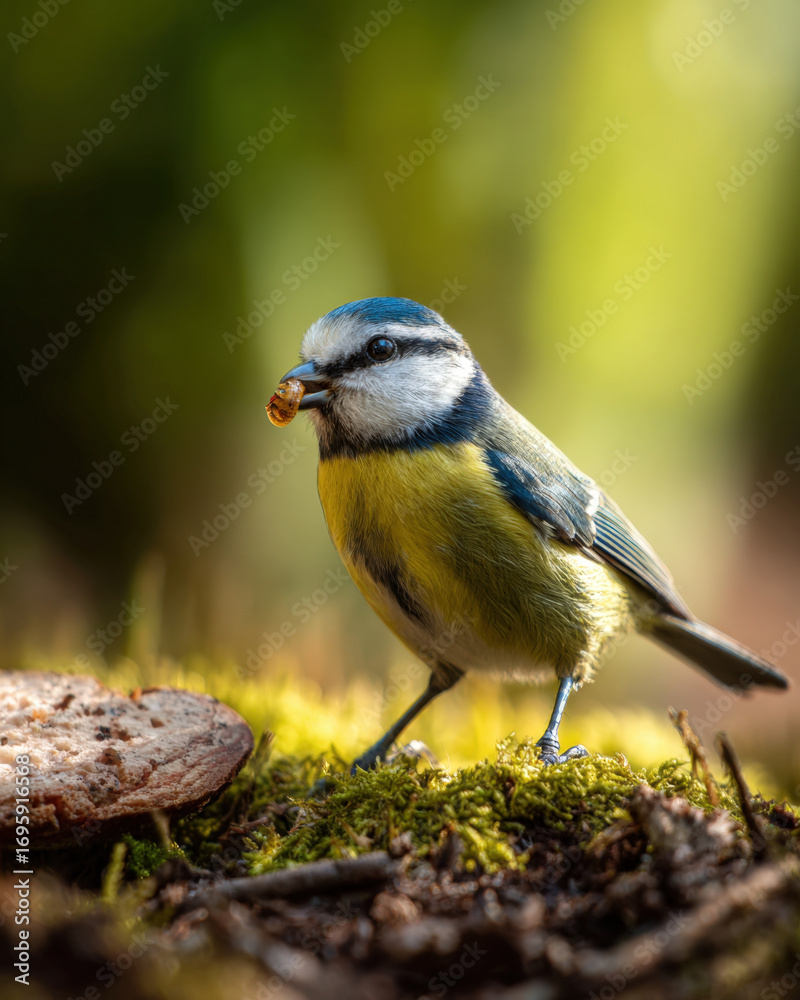 Obraz premium Blue Tit with Worm in Beak Natural Light