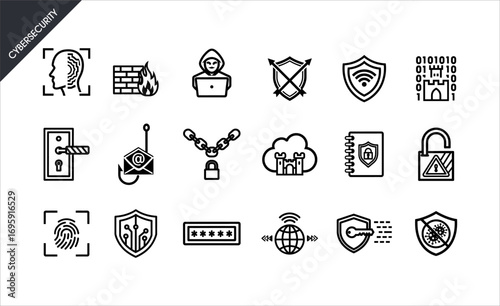 Cybersecurity Icons Digital Security, Network Protection, and Data Privacy