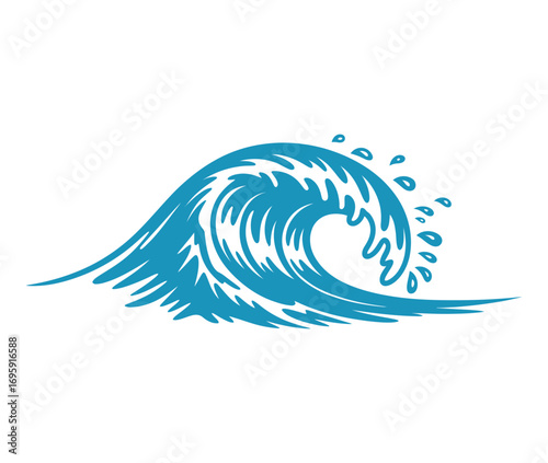 Dynamic blue ocean wave crashing with water droplets