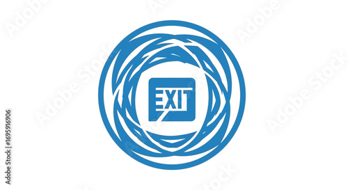Close-up flat lay image of an exit sign graphic, featuring a blue color palette and intricate swirling lines against a white background, conveying a calm yet decisive
