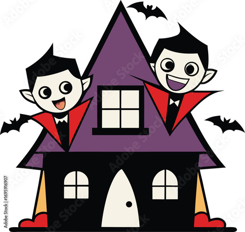 Two Cartoon Vampires With Bats In Front Of A Purple Haunted House