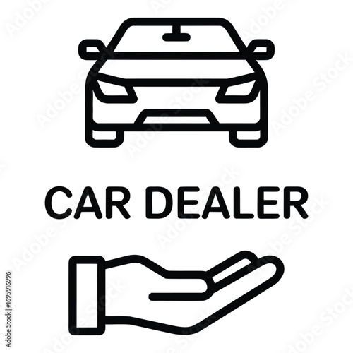 Car dealer offering hand for new car purchase and sale with vehicle upfront in the image icon silhouette
