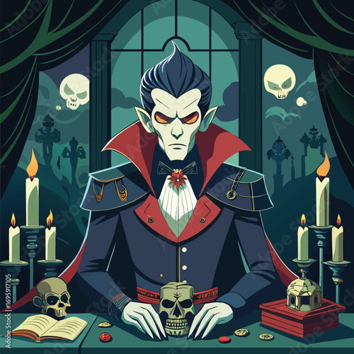 Vampire in dark room with skulls and candles Dracula