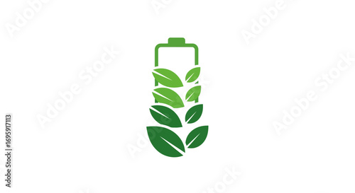 Green eco-friendly battery logo design with leaves, flat vector illustration against white background, conveying a sustainable energy concept.