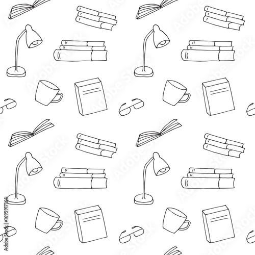 Cozy book reading time, seamless pattern, hand drawing, vector illustration